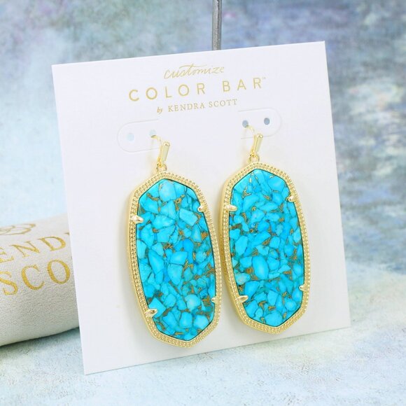 Kendra Scott Danielle Turquoise Bronze Veined earrings Gold Plated - Picture 3 of 5